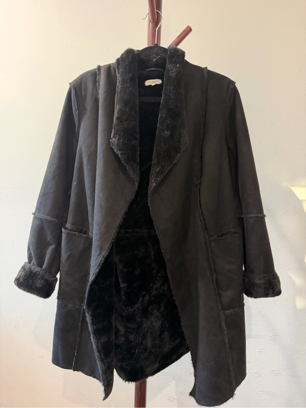 Black Faux Shearling Open Front Trench Coat